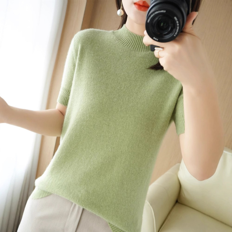 Half Turtleneck Short-Sleeved Knitwear for Women, Slim Fit Autumn and Winter Inner Top, Versatile Bottoming Shirt