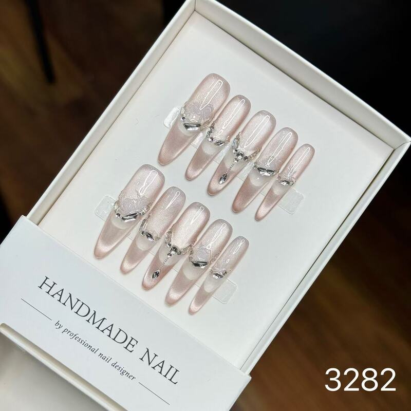 【純手作りのつけ爪29-32】ロングフレンチキャットアイパッチ付け爪、取り外し可能なネイルアートコレクション|undefined