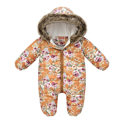 New baby climbing clothes, multi-color printed cotton clothes, fur collar, cute baby one-piece casual climbing clothes for going out