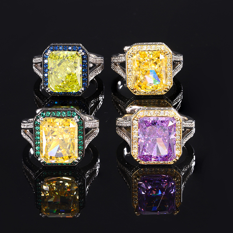 2024 nueva joyería Zhuang Shengsheng, fondo de cobre chapado en oro, flor de hielo, corte de alto carbono, diamante, anillo de temperamento cuadrado, mujer 10*12