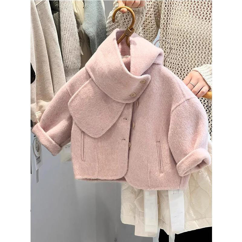 Qızlar üçün çəhrayı yun qısa palto, payız-qış modeli