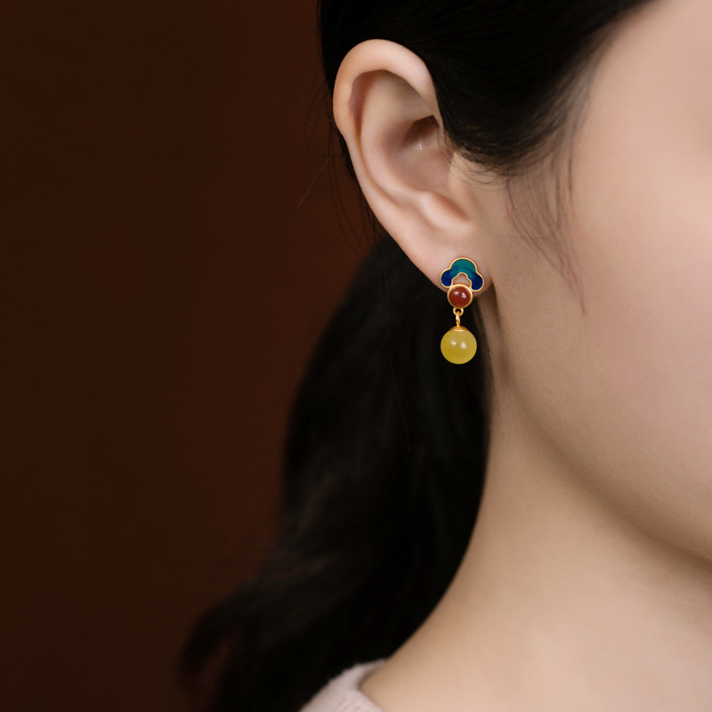Mặt dây chuyền bạc S925 mạ vàng hình lá cỏ bốn lá may mắn phong cách quốc triều — Mặt Dây chuyền đơn (không có dây chuyền)