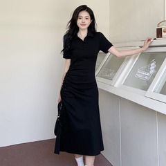 ファットmmブラックポロドレス女性の夏の新しい巾着デザインプリーツウエストスリット大きいサイズロングスカート