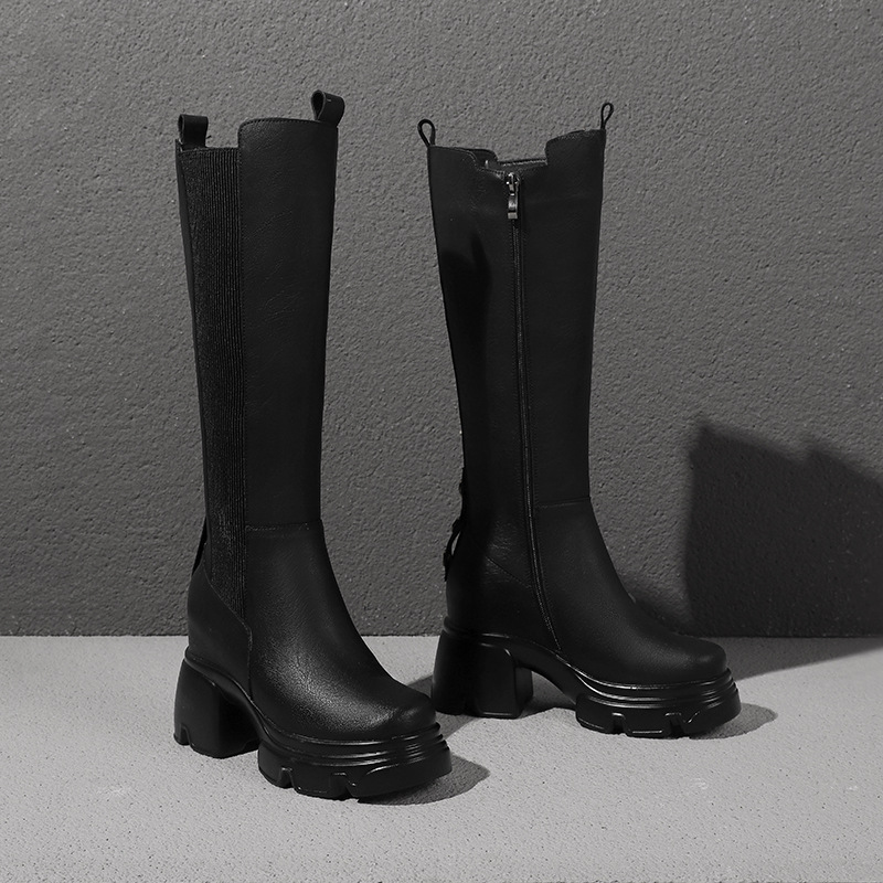 Boot nữ cổ cao ôm bắp chân mũi tròn, đế dày khâu chỉ, gót trong 10 cm — Nhung kaki sâu chi tiết 11