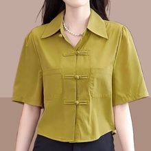 中国风夏季衬衫宽松纯色百搭衬衣气质半袖遮肚子盘扣上衣女士小衫