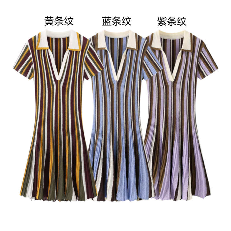UNIZERA女装2026夏季新品短袖POLO领针织撞色条纹连衣裙 8779141