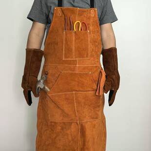 Cross-Border Cow Split Leather Workwear Welding Apron Anti-Melting Splash Multi-Pocket Barbecue Heat Insulation Fire Protection