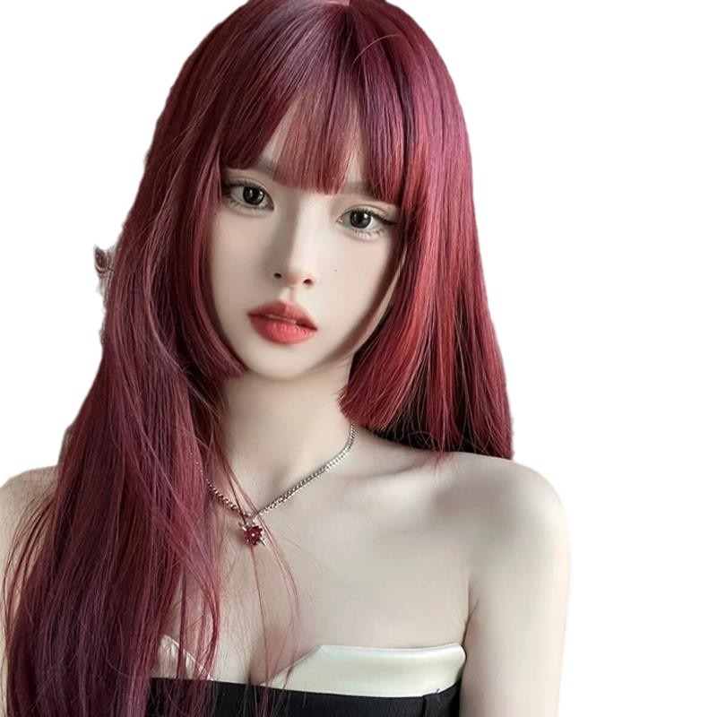 Xingcheng Princess Cut Wig Women's Long New Style Natural Traceless Raspberry Red Princess Cut Bangs Ji Hair Full Head Cover