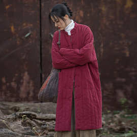 26冬棉麻女装新款夹棉加厚保暖炒色绗缝长外套盘扣女式长棉服棉衣