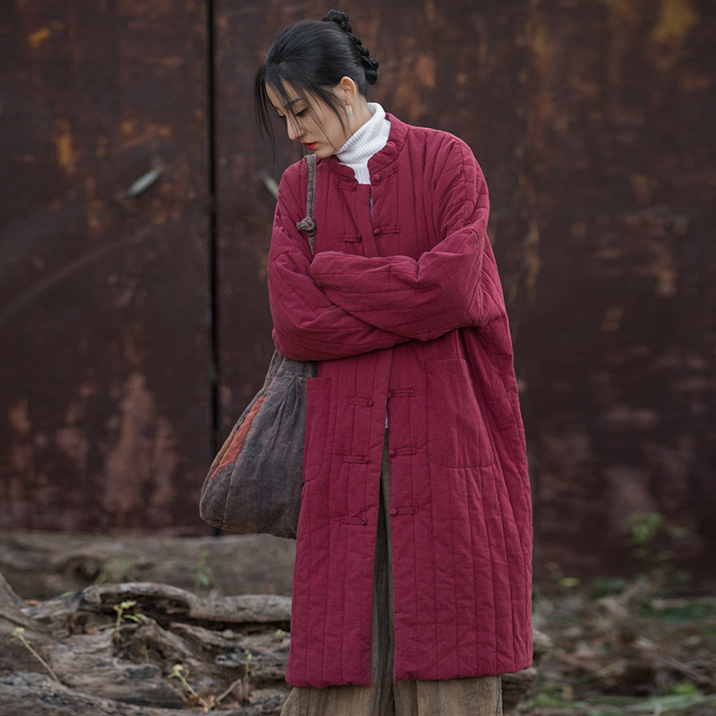 26 Winter Cotton and Linen Women's New Style Quilted Thickened Warm Long Coat with Button Closure Women's Long Cotton Jacket