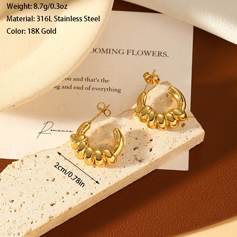316L Stainless Steel Material 18K Gold Plated 316L Stainless Steel C Shape Geometric Waterproof Non Tarnish Surgical Steel Retro Classic Style Ear Studs For Women's