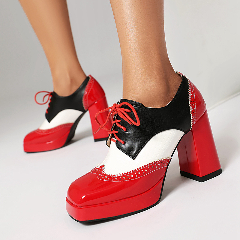 Women's Shoes in Sizes 34-48, Independent Foreign Trade Platform, Thick-Soled Floral High Heels, Retro Lace-Up Chunky Heel Single Shoes Women's Shoes in Sizes 34-48, Independent Foreign Trade Platform, Thick-Soled Floral High Heels, Retro Lace-Up Chunky Heel Single Shoes