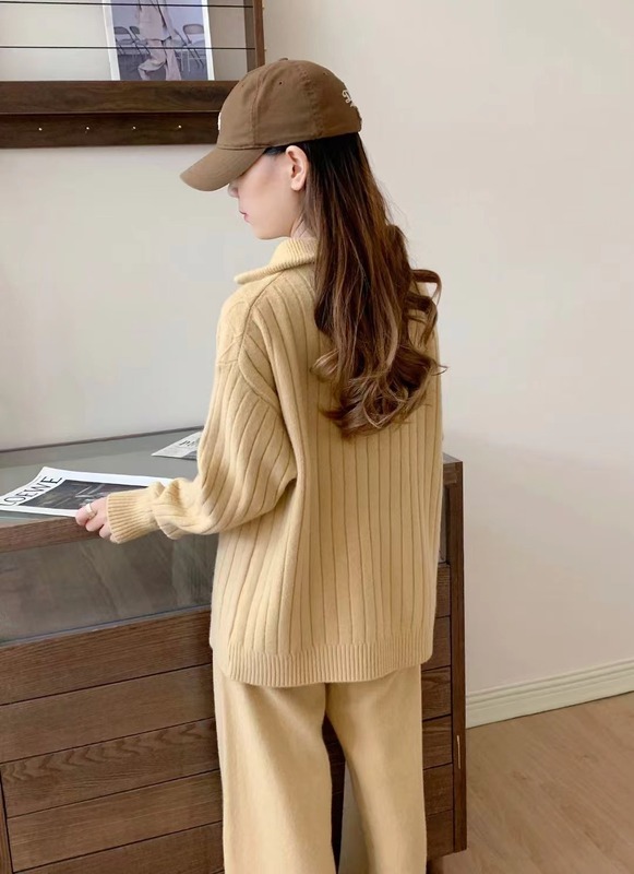 ファッション高級感セーターセット女性秋冬怠惰風ジッパー立襟ニット高腰ワイドパンツ2点セット|undefined