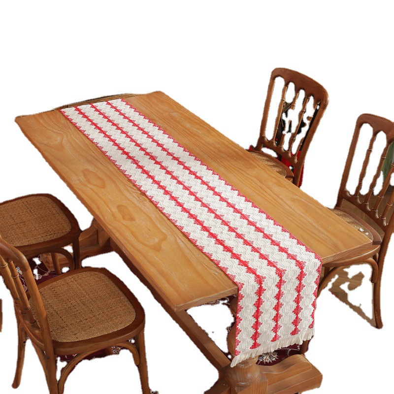 American-style All-cotton Christmas Red Green Tassel Striped Diamond Checkered Runner Dining Table And Cabinet_voghion.com