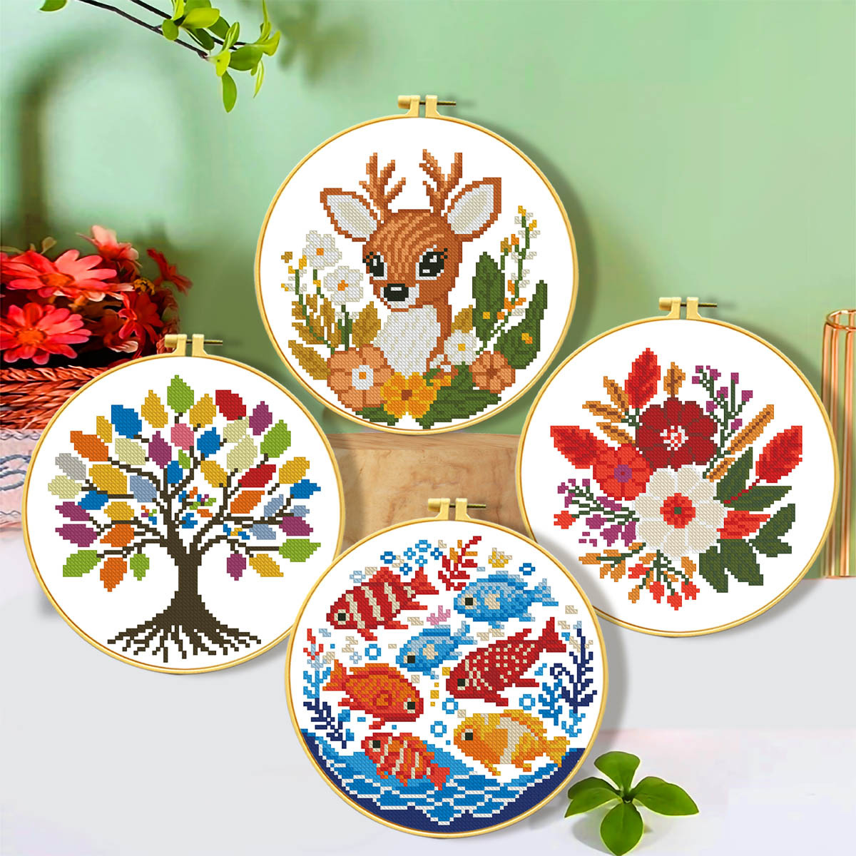Nuevo kit de materiales para bordado de punto de cruz con diseños de ciervos, flores, peces y árboles. Venta directa del fabricante en países de habla inglesa, piezas pequeñas para bordado a mano, bordado DIY. image 1