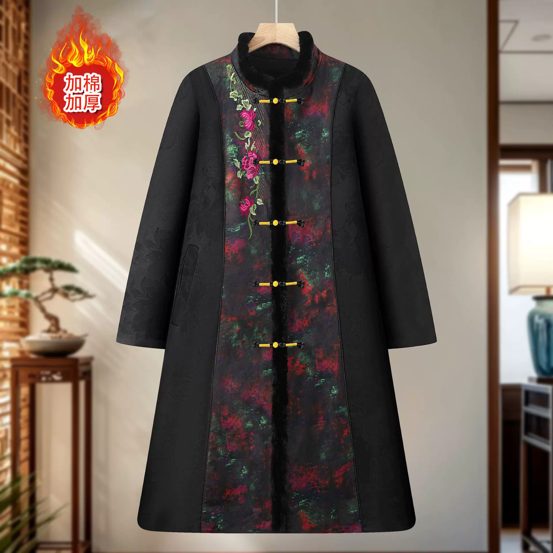 2025新款民族风提花棉服妈妈中式加厚棉衣秋冬复古盘扣女装长外套