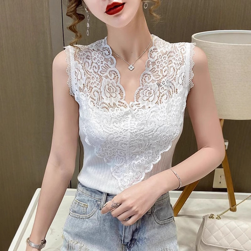 Curve-beaded Ice Silk Spring/Summer Knitted Camisole for Women: French-style V-neck Lace, Slimming, and Chic Sleeveless Top