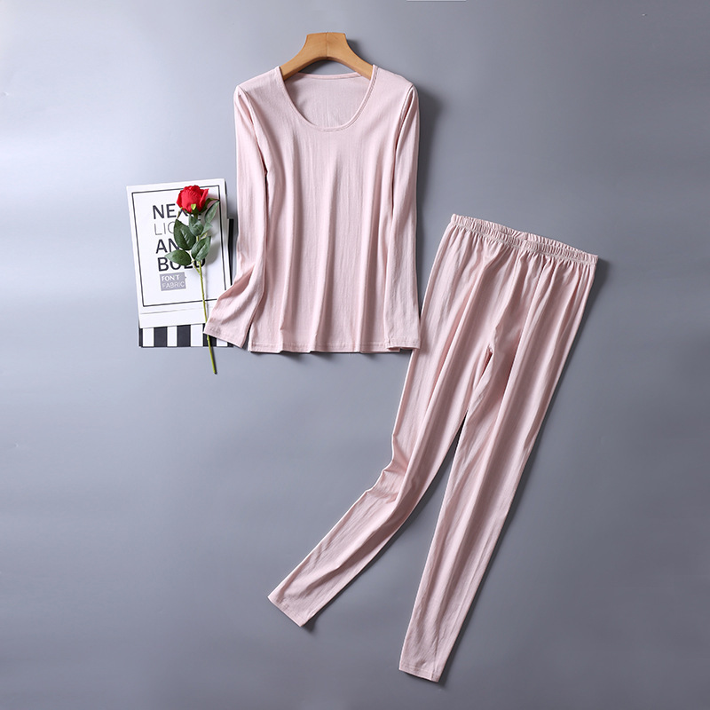 Autumn and Winter silk cotton-padded women's knitted thermal underwear suit round neck mulberry silk bottoming autumn clothes long pants trousers