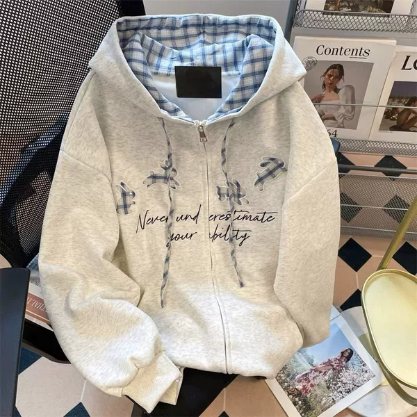 American retro embroidered letter gray hooded sweatshirt, unisex niche design, couple's style, casual stylish jacket