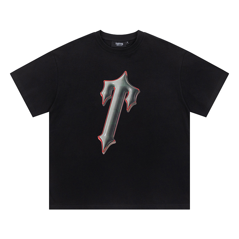 Venta al por mayor trampa gradiente letra cabeza de tigre manga corta europea y americana alta calle moda marca trampa estrella impresa camiseta suelta estrella