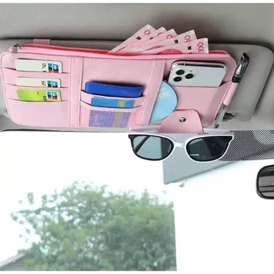 Car Sun Visor Glasses Clip: Car Glasses Clip/Bill Clip - pink-belt-chain