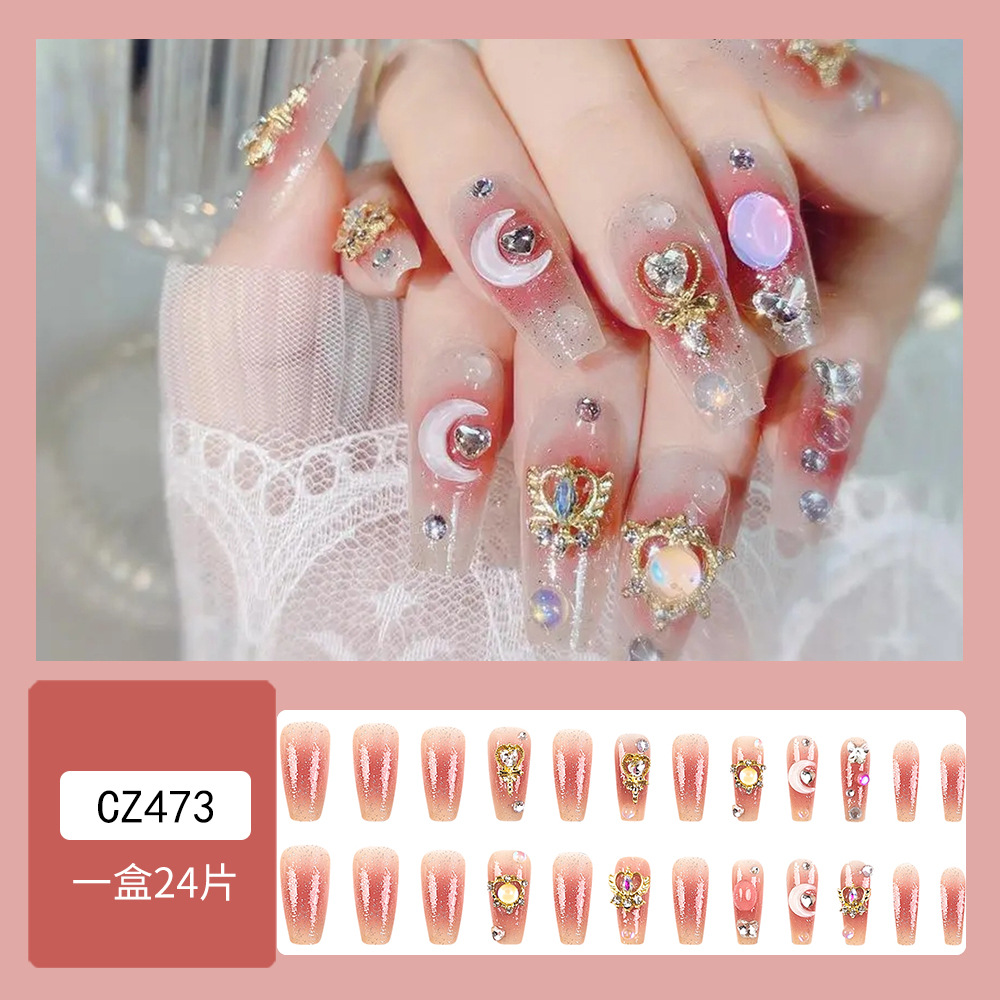 Las mejores ventas de color rosa blanco amor manicura dulce romántico diamante para usar uñas 24 piezas empaquetadas parches de uñas falsas