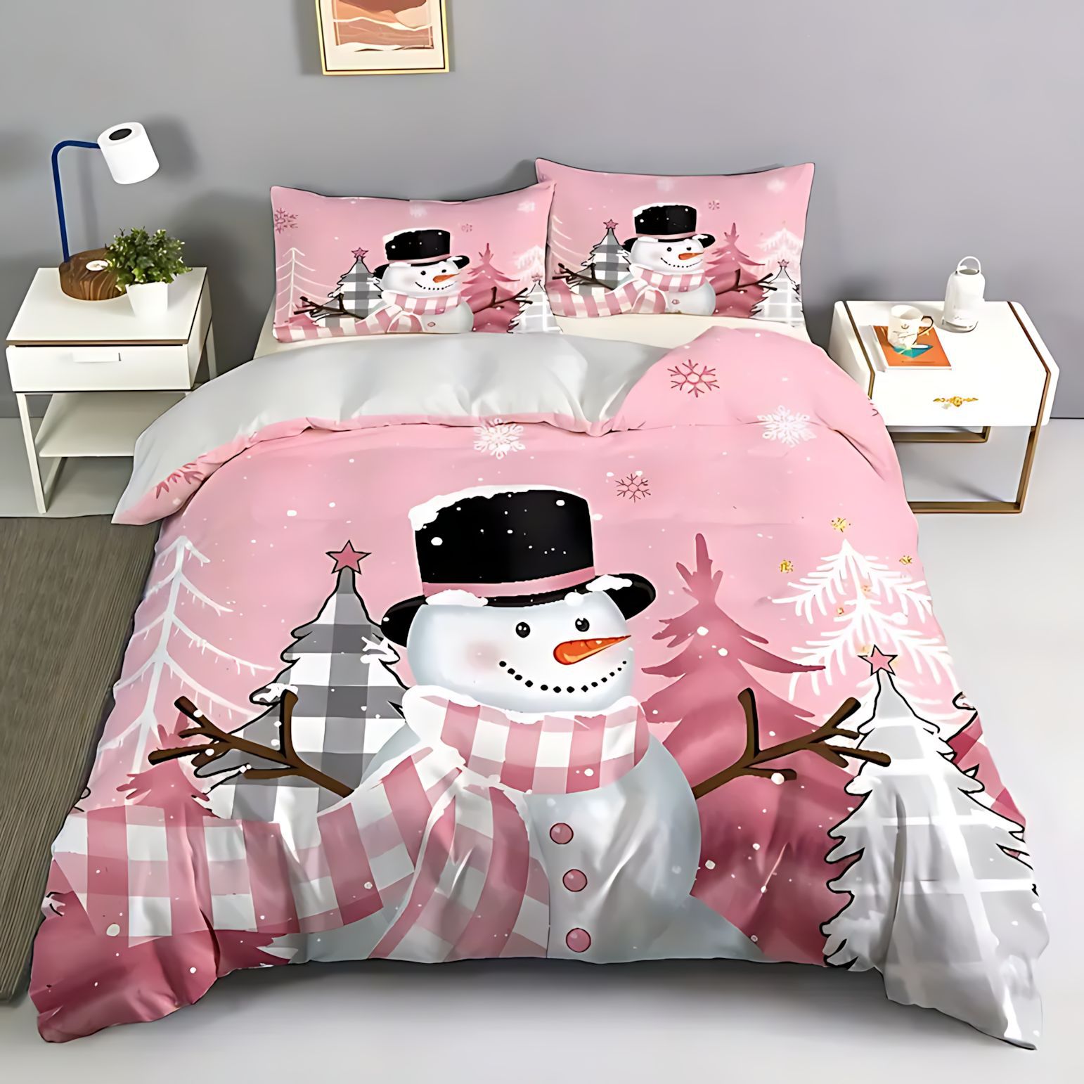 TEMU / JIT Amazon invierno muñeco de nieve HD impresión digital colcha de cama set para dibujar