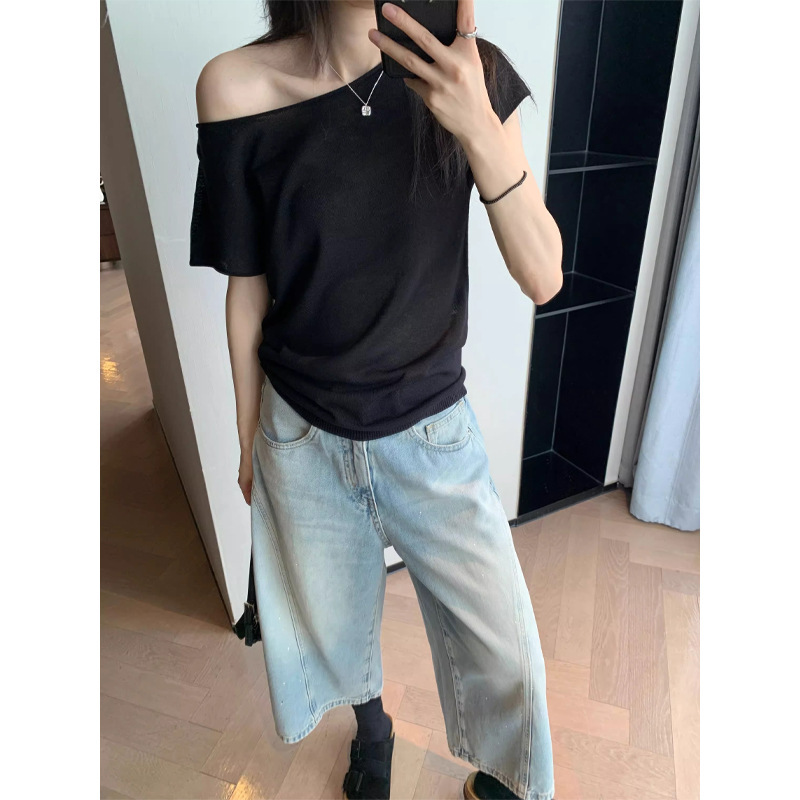 ワンピースツーウェア半袖Tシャツレディース夏オフショルダーロールエッジ斜め肩ニットトップ|undefined