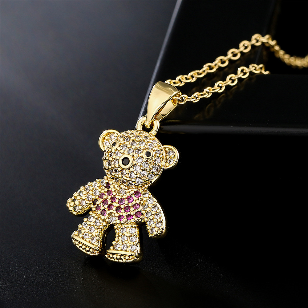 New Copper Micro-inlaid Zircon Cute Bear Pendant Golden Necklace Wholesale display picture 4