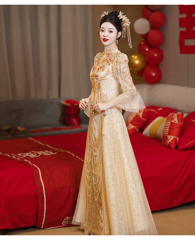 Champagne Golden Show Hefu Large Size Bridal Toast Dress Chinese Wedding  Dress | eBay