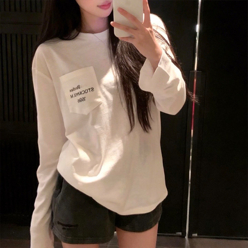 Swedish Anc New Stylish Versatile Left Front Single Pocket Letter Print Round Neck Long Sleeve T-Shirt Unisex