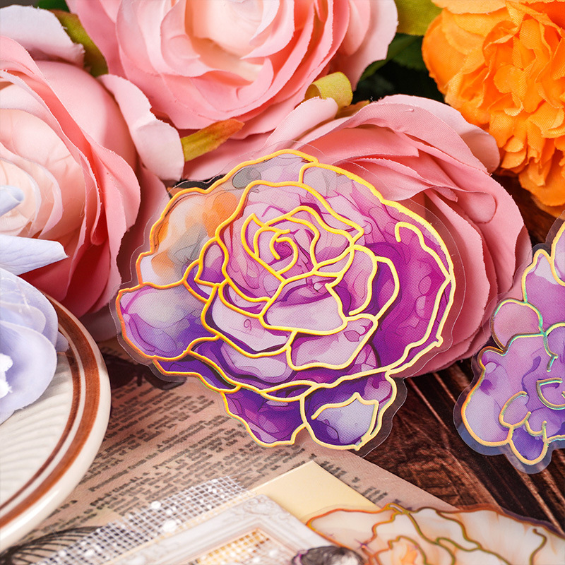 Camelia flor abierta Diario PVC etiqueta impermeable bolsa de papel retro tridimensional dorado pegatinas de flores lindo Diario Goo tarjeta pegatinas