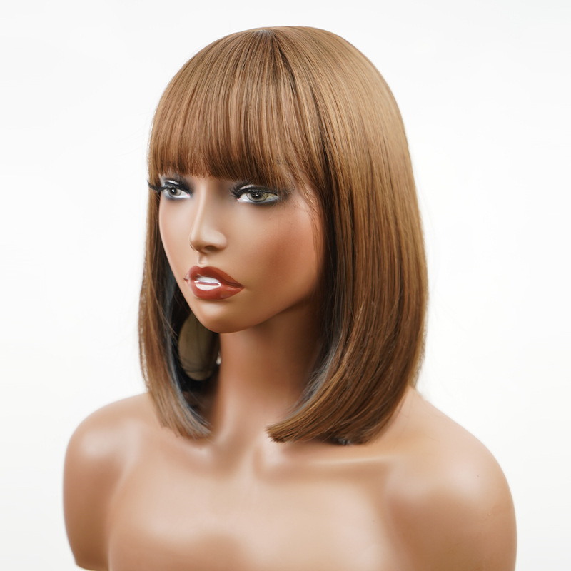 Engros grænseoverskridende europæisk og amerikansk udenrigshandel paryk fuldt headset med fuldt pandehår maskindelt brun highlight bob paryk_voghion.com