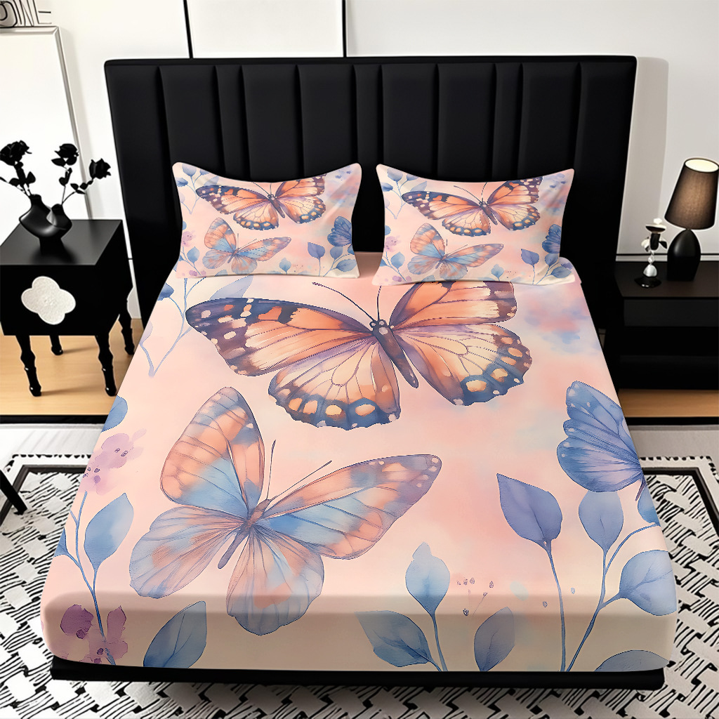TEMU / JIT Transfronterizo para la serie de mariposas multicolores 3D impresión digital cama cama almohada kit de diseño se puede fijar