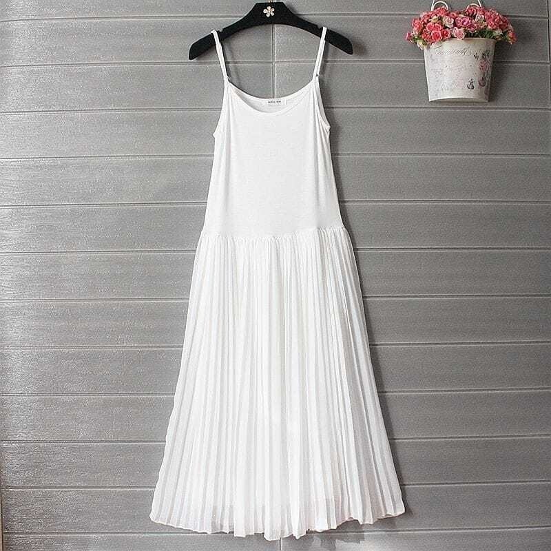 Spring and summer flowing, draped, pleated chiffon slip dress, knee-length, sleeveless, long dress, slimming, inner layer, base dress for women