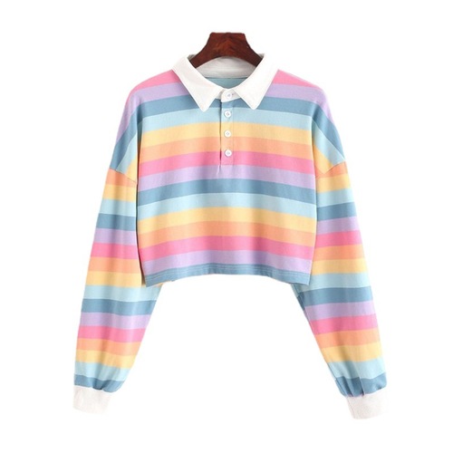 Women's Spring and Autumn Korean Style Short-Sleeve T-Shirt Top with Small Floral Print and Rainbow Stripes