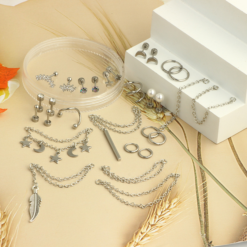 316L Surgical Steel Ear Chain Crown Ear Bone Nail Screw Twist Ball Fashion Earrings European American Piercing Jewelry Set detail image 7