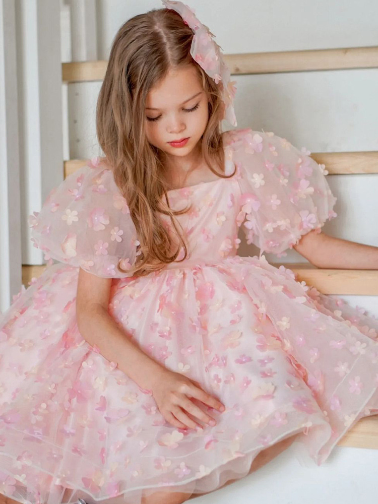 Vestido de niñas celebridad en Línea para Niños burbuja manga flor princesa vestido transfronterizo Comercio exterior Navidad mullido vestido de gasa