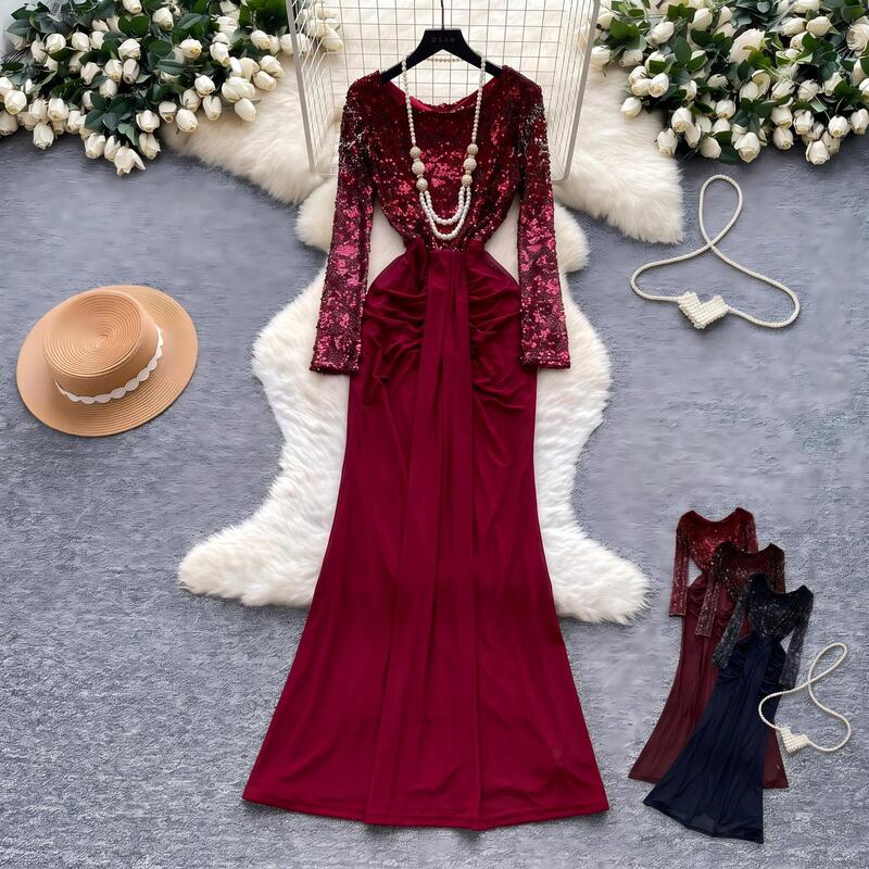 Cross-border light luxury style heavy-duty rhinestone mesh dress for women, long-sleeved, waist-cinching, slim-fit A-line elegant gown 2026 Cross-border light luxury style heavy-duty rhinestone mesh dress for women, long-sleeved, waist-cinching, slim-fit A-line elegant gown 2026