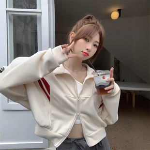 2025 American Retro Casual All-match Collar Short oversize Sweatshirt Coat Women's Spring and Autumn Small Top