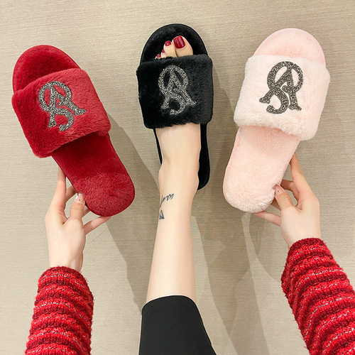  foreign trade new style rhinestone furry slippers for women indoor home bright diamond warm fashion open cotton slippers cross-border