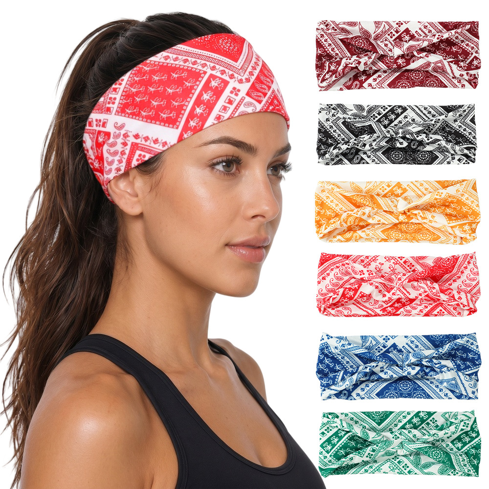 Cashew Flower Twist Sports Headband for Women, Yoga Running Sweat-Absorbent Wide-Brimmed Headscarf, Retro Printed Headband Wholesale