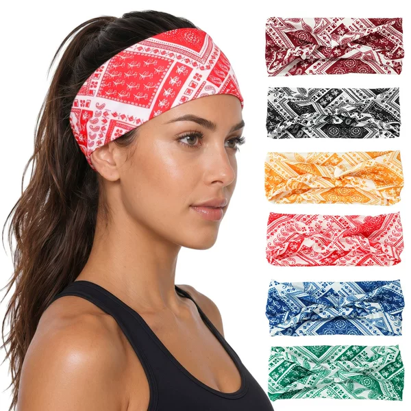 Cashew Flower Twist Sports Headband for Women, Yoga Running Sweat-Absorbent Wide-Brimmed Headscarf, Retro Printed Headband Wholesale