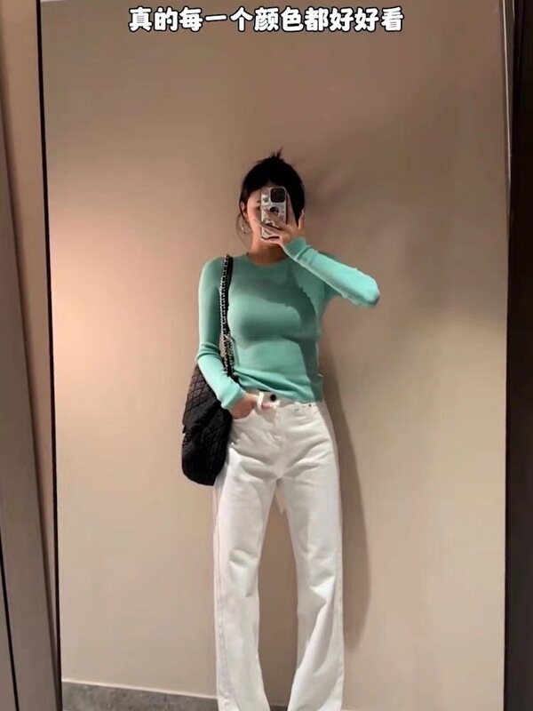 早秋穿搭黄色圆领内搭针织衫女长袖修身毛衣显瘦独特打底衫上衣潮|undefined
