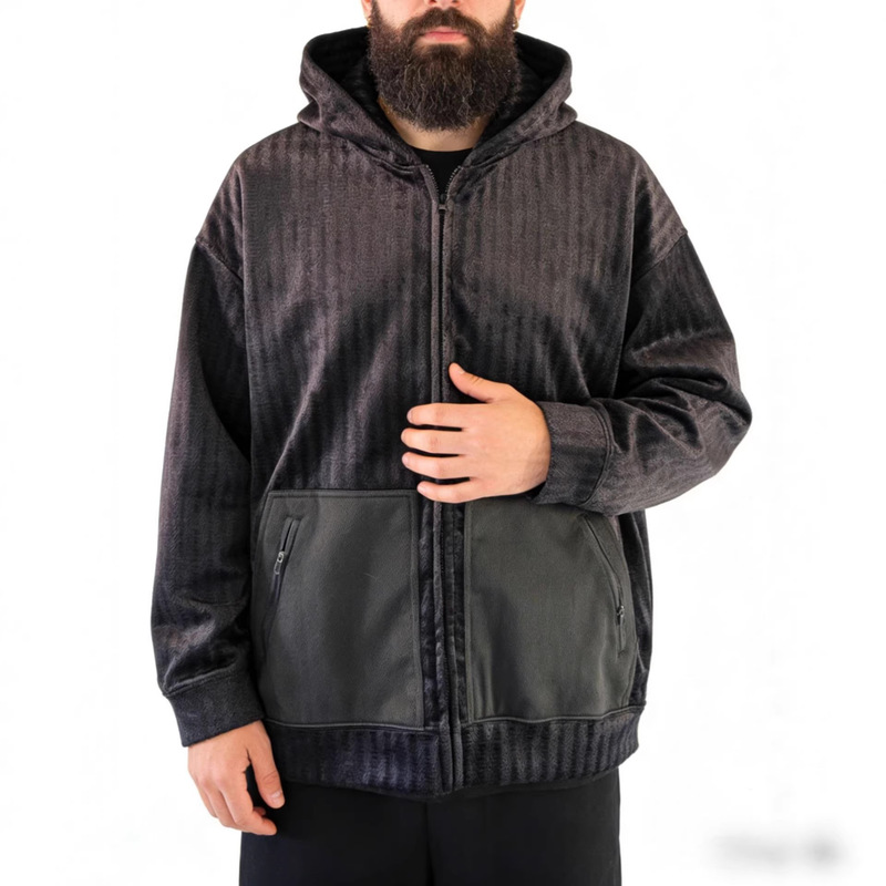 Cross-Border Spring and Autumn Style Black Textured Velvet Hooded Jacket for Men, Loose Pocket Zipper Coat, Trendy Casual Top
