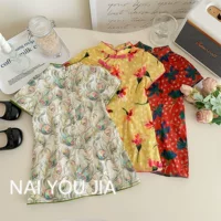 Крем-красное платье Новый китайский стиль девушки cheongsam Летний тонкий национальный стиль улучшенный китайский костюм женская одежда детей с короткими рукавами