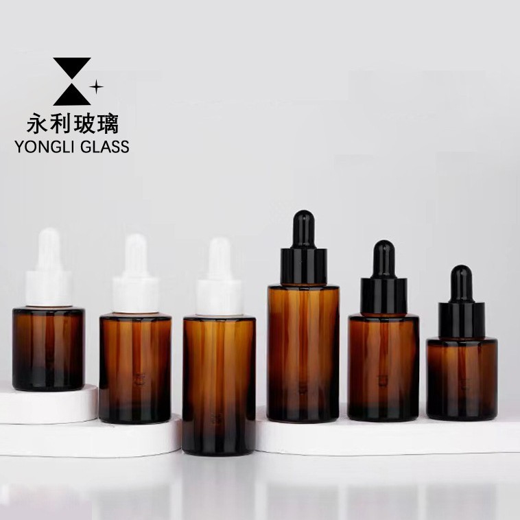 现货茶色避光20ml平肩直筒精华原液分装玻璃瓶30ml滴管精油瓶40ml