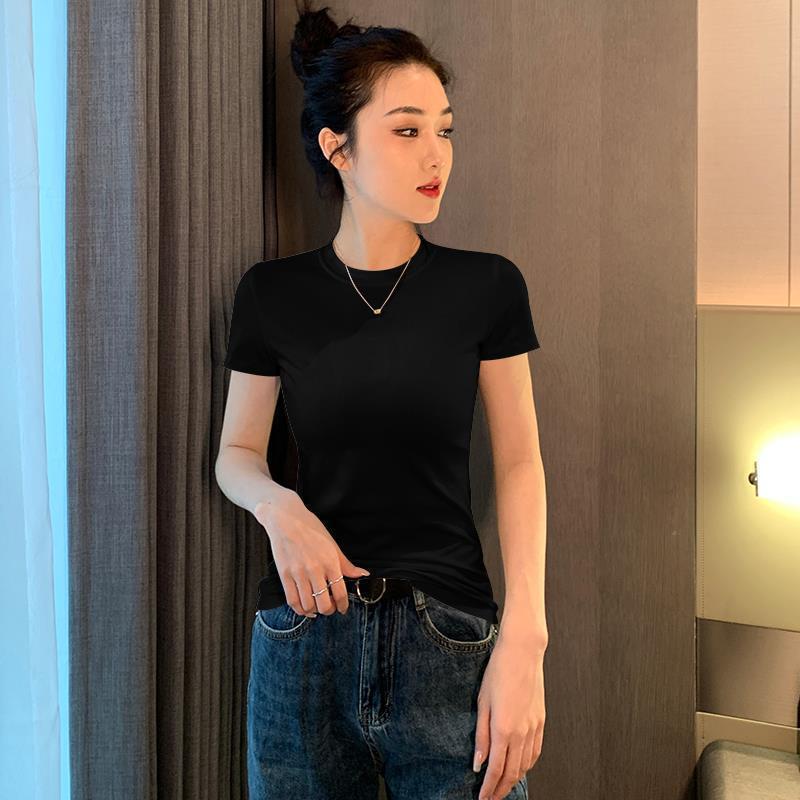 블랙 티셔츠 여성용 반팔 2025 신상 여름 타이트 코튼 바닥 셔츠 슬림 터틀넥 티셔츠