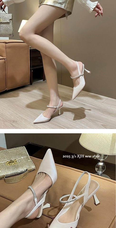 Sandal nữ bít mũi quai ngang đính đá, gót nhọn 6–8 cm — Màu kaki, Màu trắng be, Màu vàng nhạt chi tiết 9