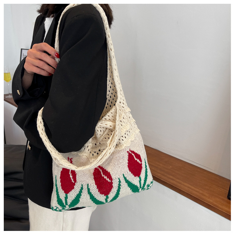 Femmes Moyen En Tissu Fleur Style Vintage Vacances Tisser Ouvert Sac À Main display picture 12